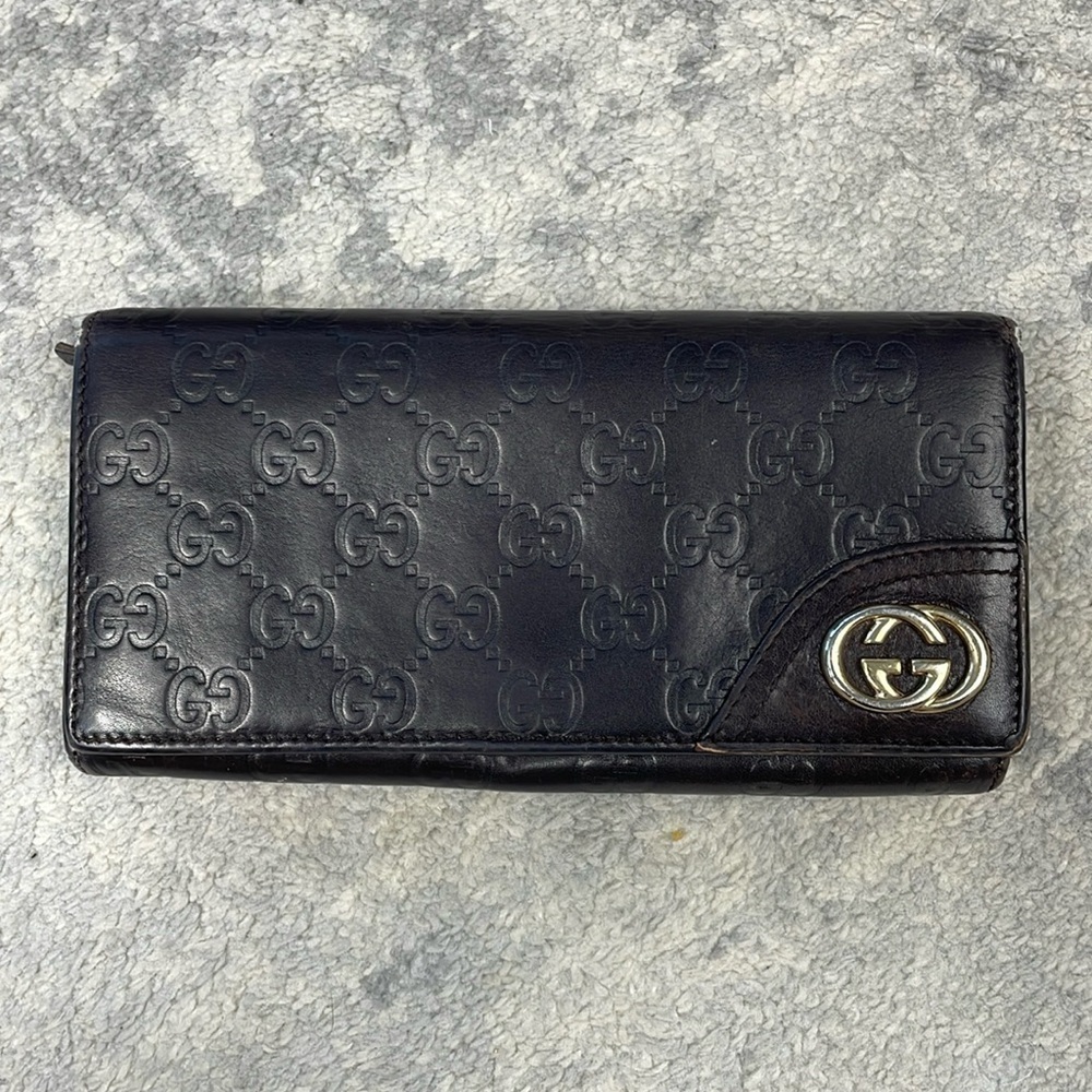 Gucci Leather Embossed GG Long Snap Wallet Dark Brown Interlocking GG